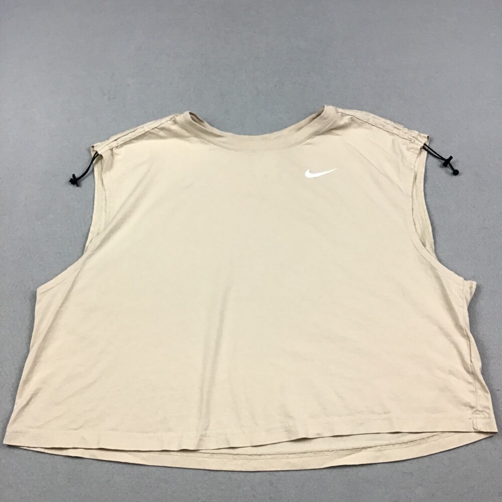 Nike Shirt Women 1X Beige Solid Dri Fit Athletic Crop Top Adjustable Shoulder